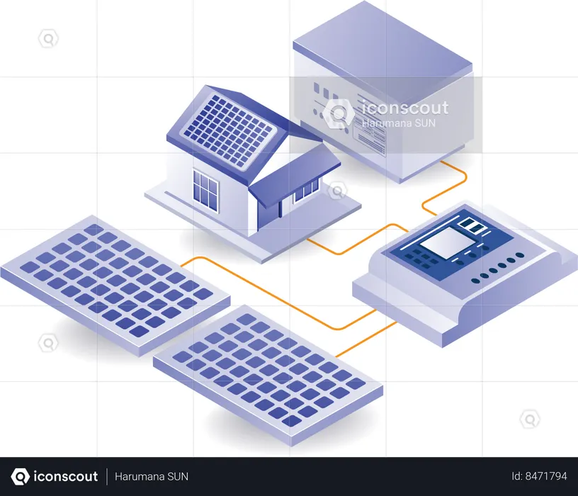 Casa con energía eléctrica de paneles solares.  Ilustración