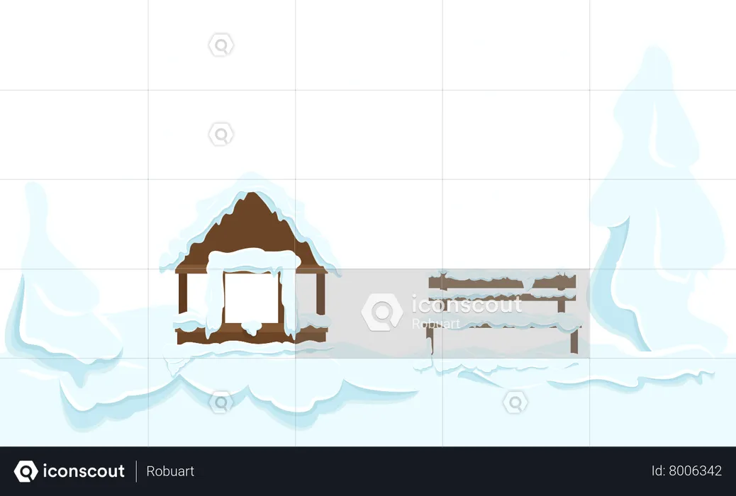 Casa de jardim e banco de madeira coberto de neve  Ilustração