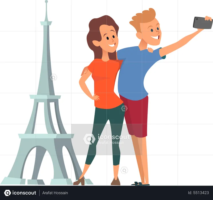 Casais felizes fazem selfie perto da Torre Eiffel  Ilustração