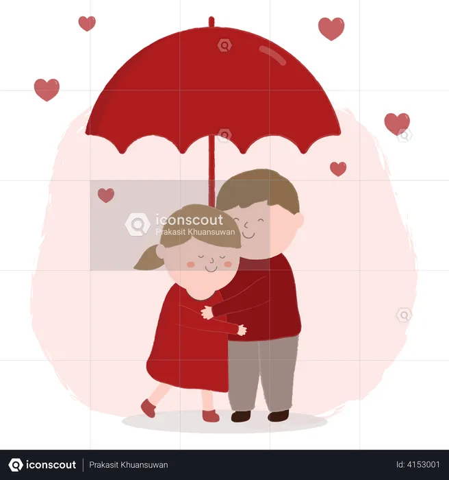 Casal abraçado sob guarda-chuva  Ilustração