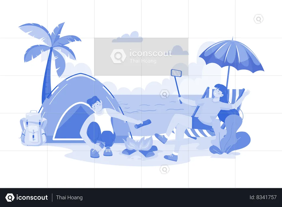 Casal acampando na praia  Ilustração