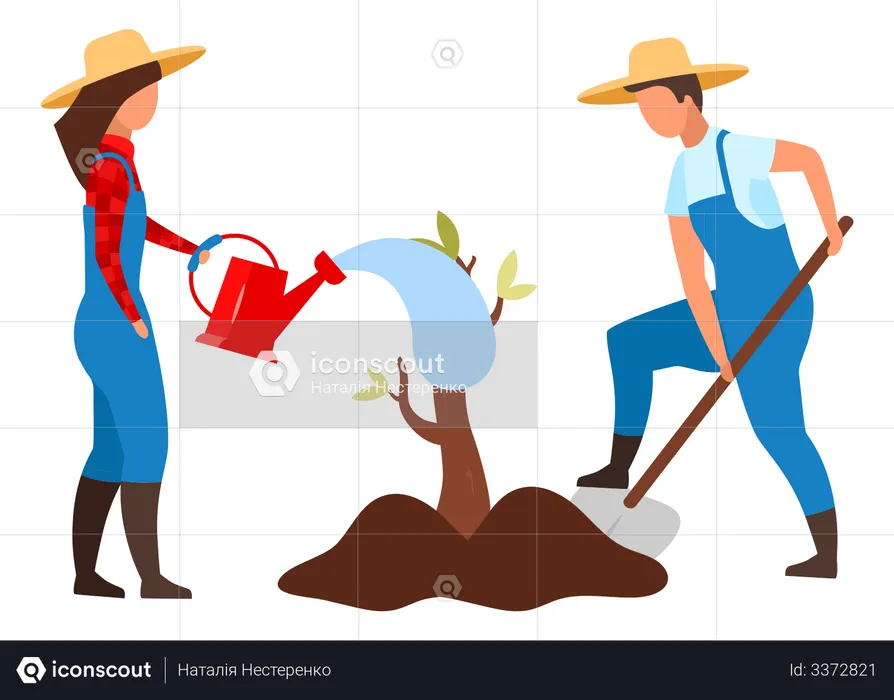 Casal de agricultores plantando pequena árvore  Ilustração