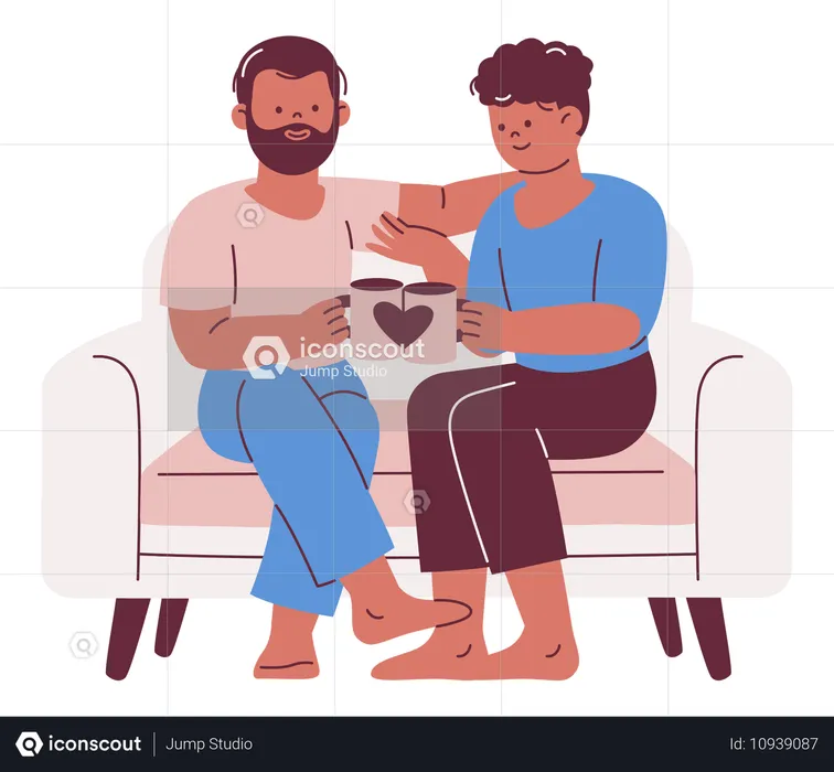 Casal apaixonado tomando café no sofá  Ilustração