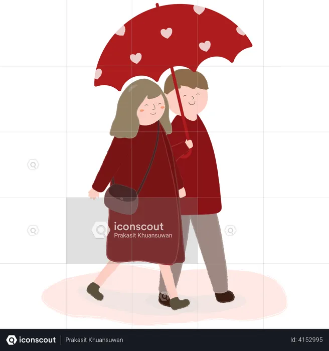 Casal apaixonado, segurando guarda-chuva e andando um com o outro  Ilustração