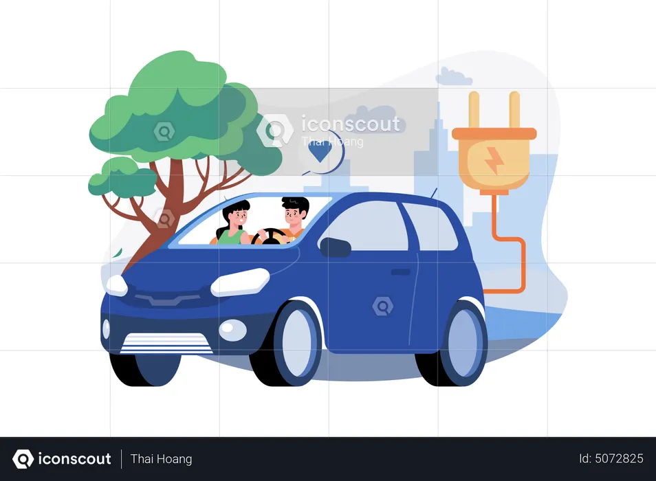 Casal andando de carro elétrico  Ilustração