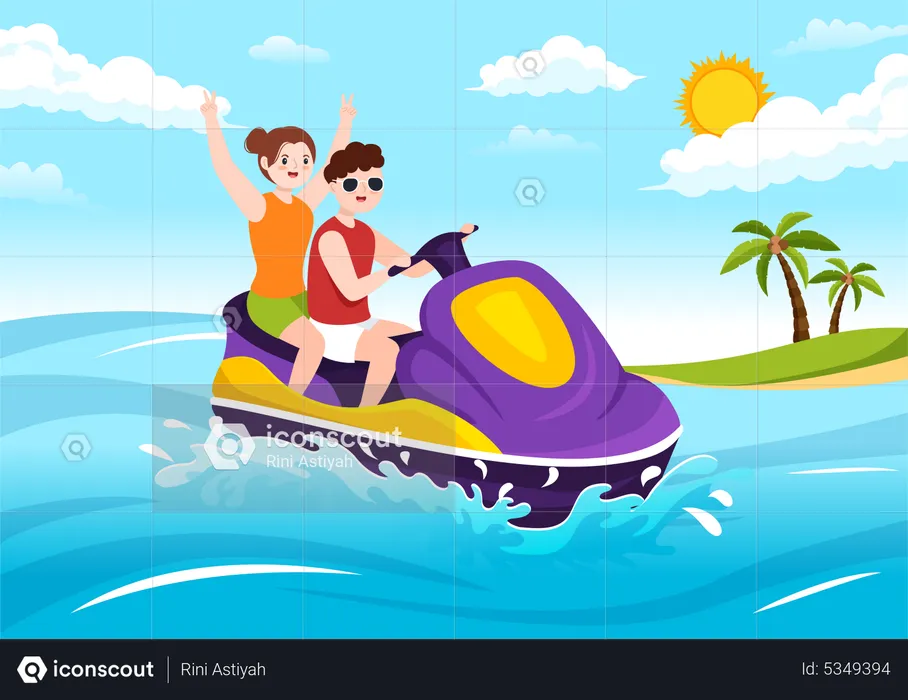 Casal andando de jet ski  Ilustração