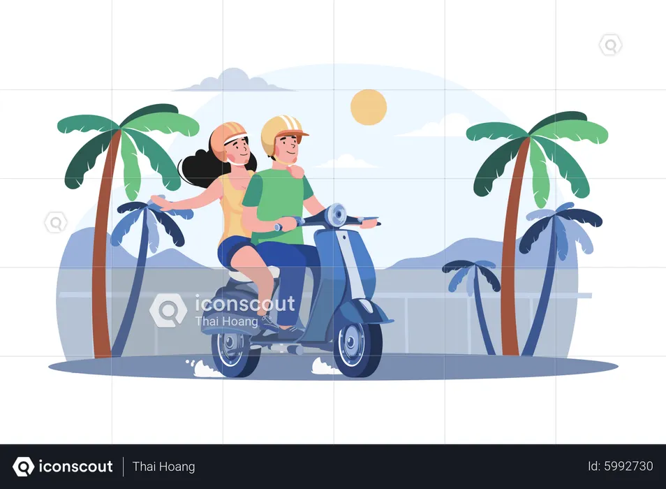Casal andando de scooter  Ilustração
