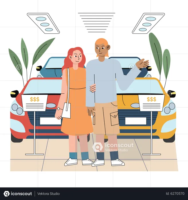 Casal andando no showroom de carros  Ilustração