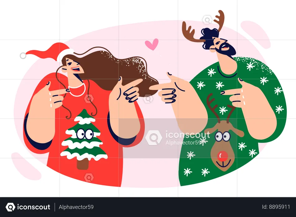 Casal apaixonado está vestindo blusas de natal e sorrindo  Ilustração