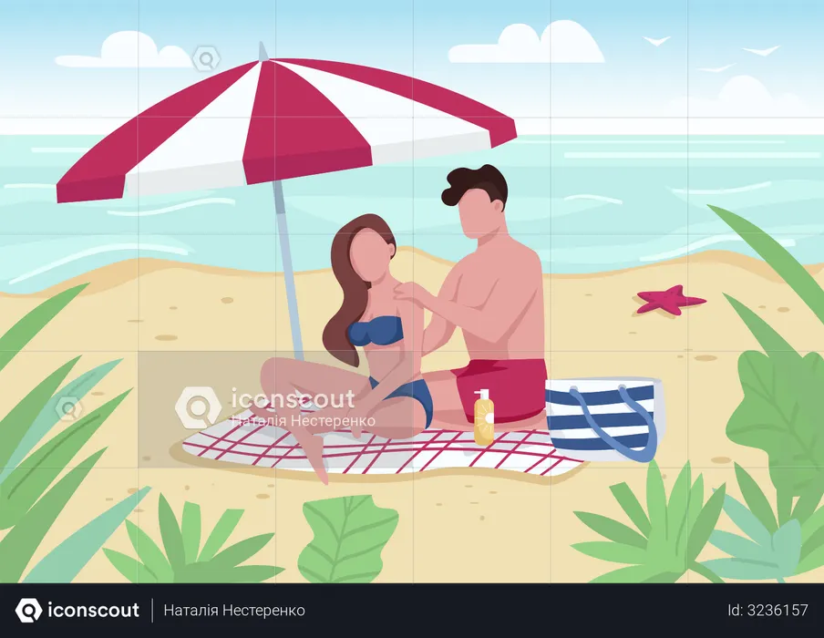 Casal aplicando protetor solar na praia  Ilustração