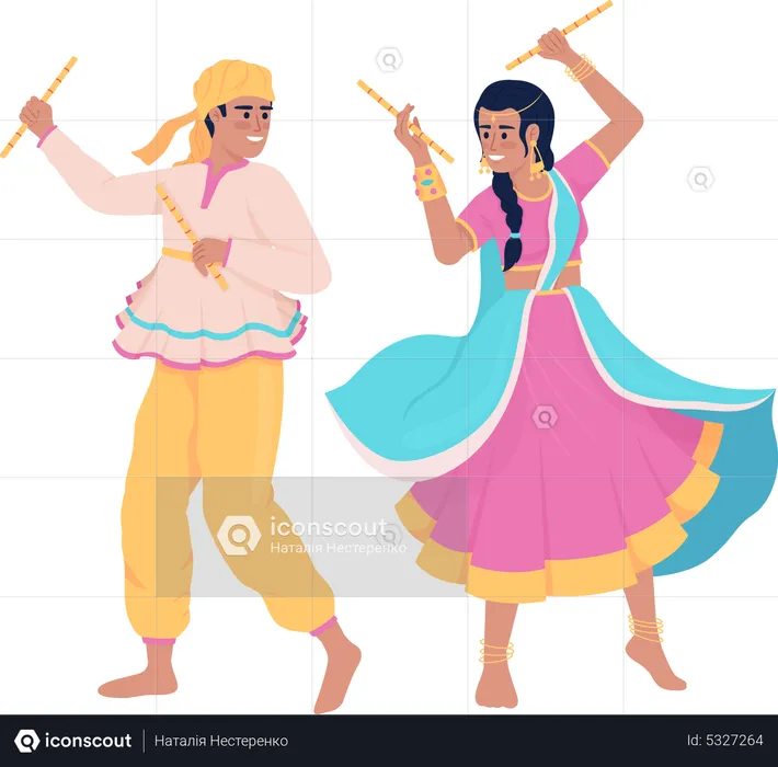 Casal apresentando dança indiana com paus  Ilustração