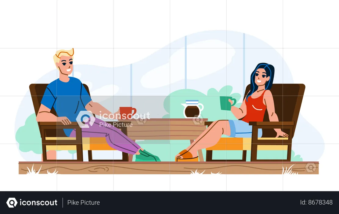 Casal tomando café no terraço da varanda  Ilustração