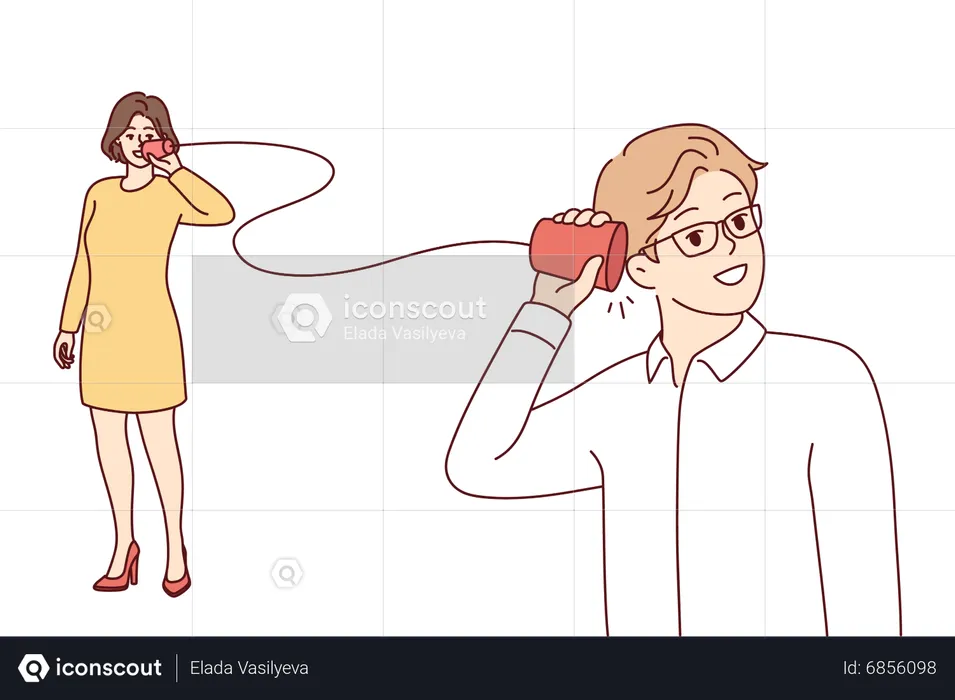 Casal brincando com telefone de corda de copo de papel  Ilustração