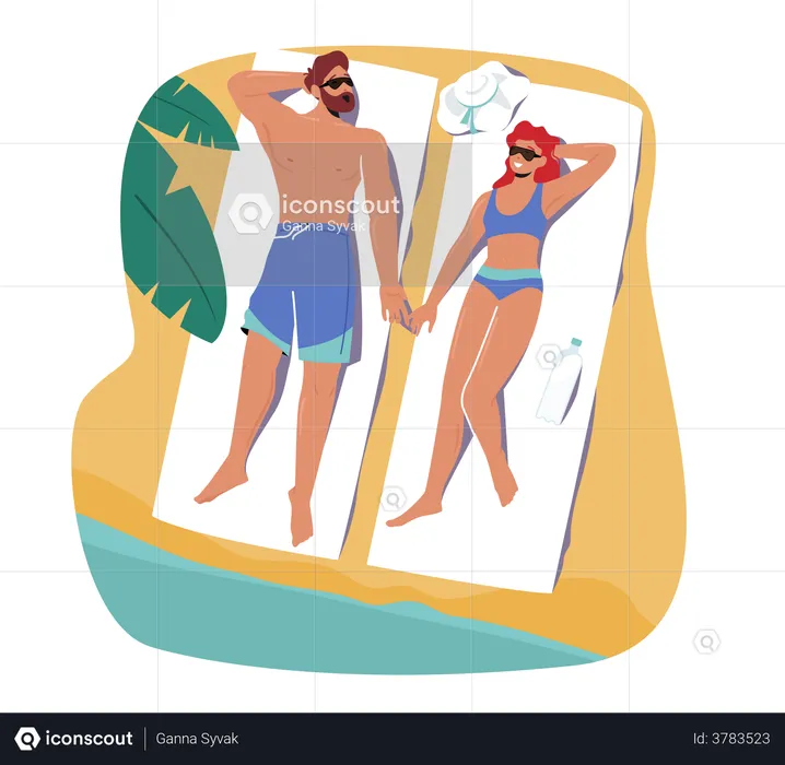 Casal se bronzeando na praia deitado na esteira com creme protetor solar  Illustration