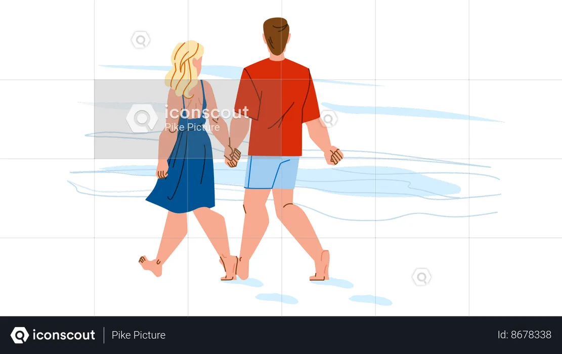 Casal caminhando na praia  Ilustração