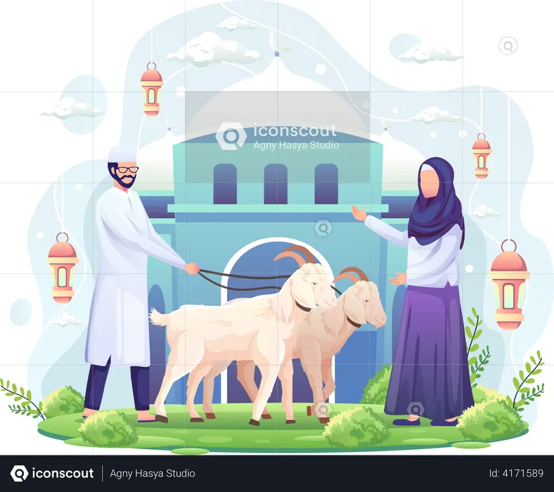 Casal celebra Eid al Adha doando duas cabras para o qurban  Ilustração