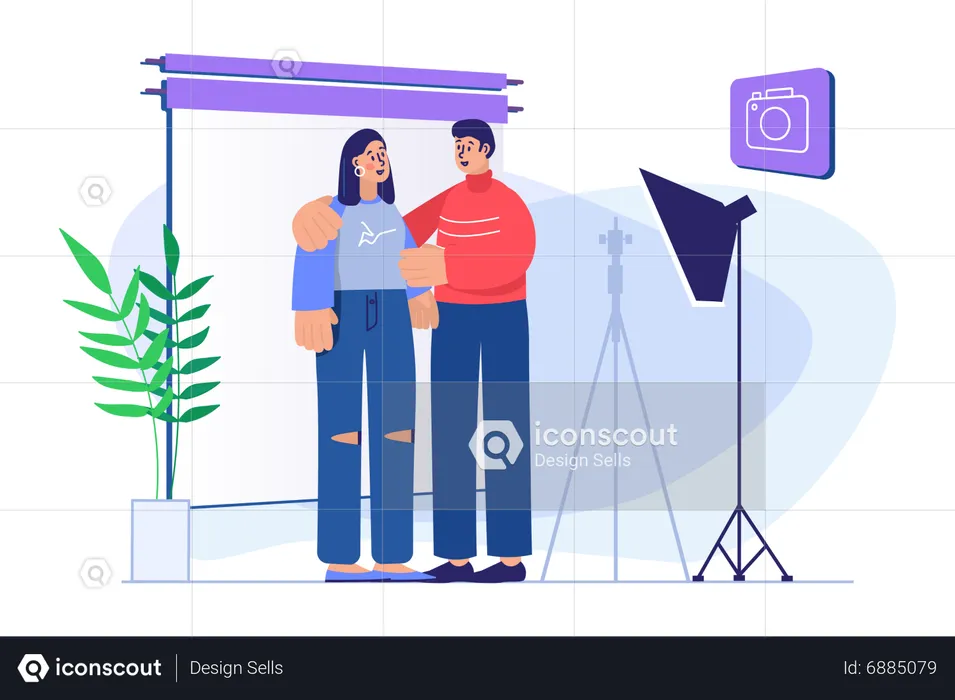 Casal clicando na foto no estúdio fotográfico  Ilustração