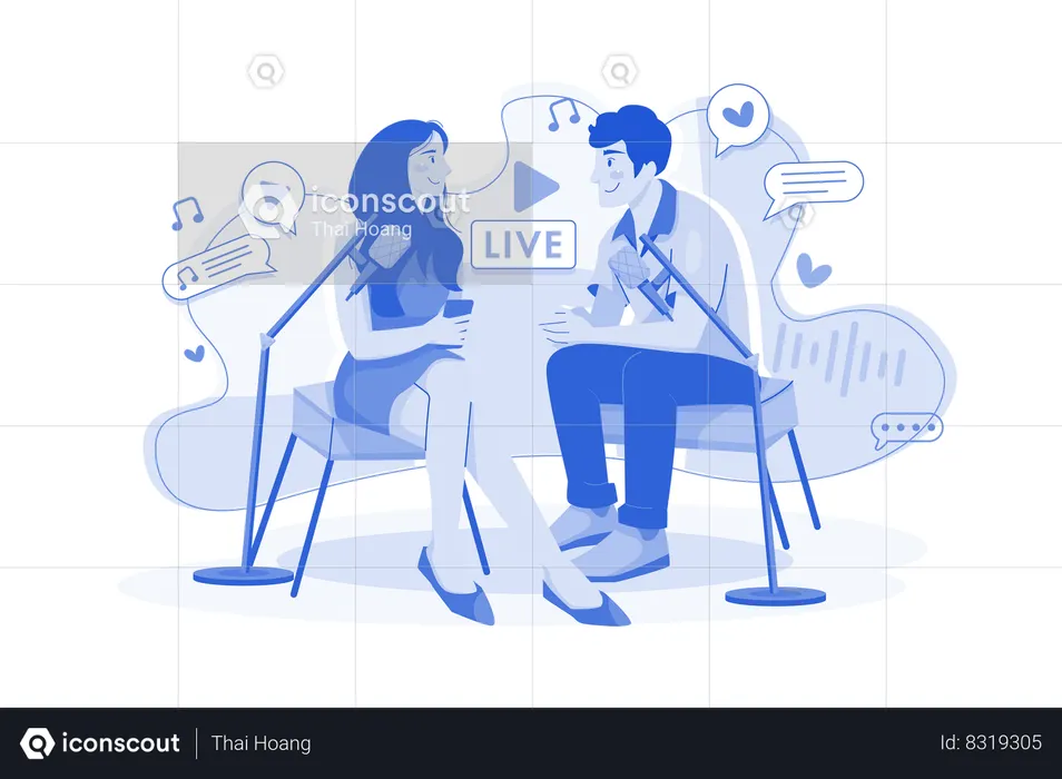 Casal com microfone funciona com gravação ao vivo  Ilustração