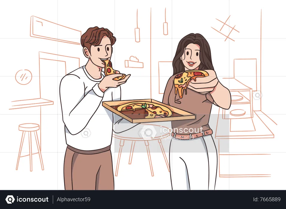 Casal comendo pizza  Ilustração