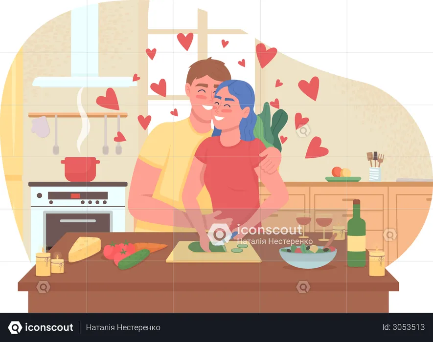 Casal cozinhando jantar romântico  Ilustração