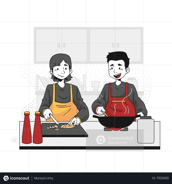 Casal cozinhando juntos  Ilustração