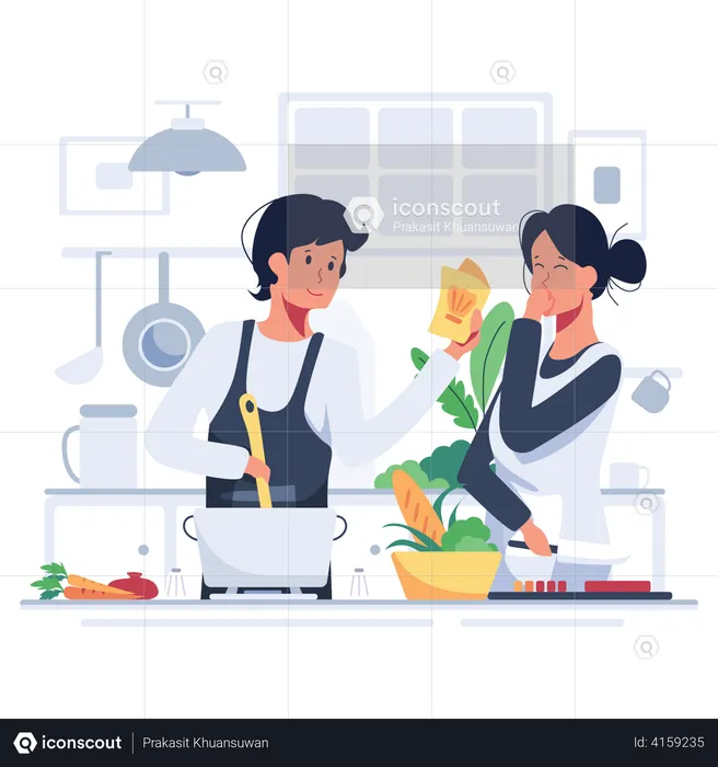 Casal cozinhando juntos na cozinha  Ilustração