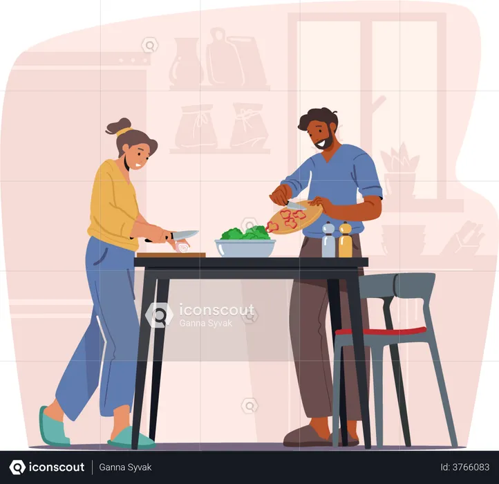 Casal cozinhando refeição em casa  Ilustração