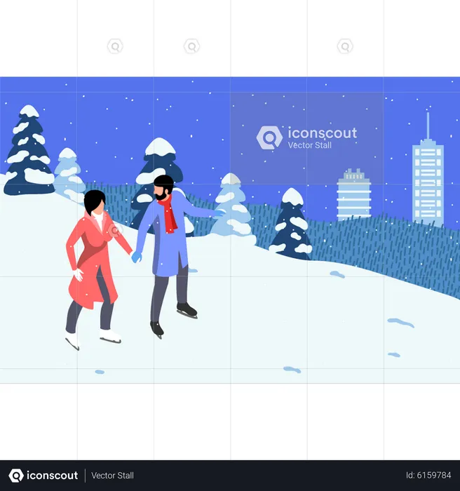 Casal curtindo patinação no gelo  Ilustração