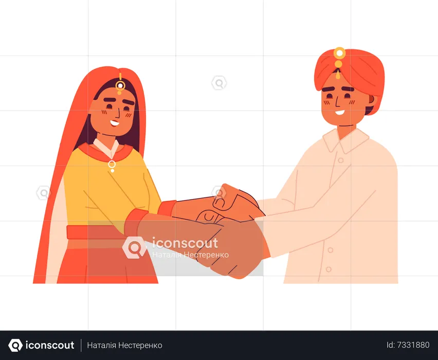 Casal de noivos hindus de mãos dadas  Ilustração