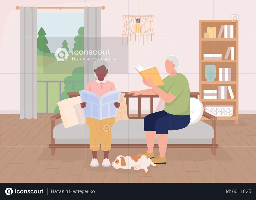 Casal sênior lendo em casa  Ilustração