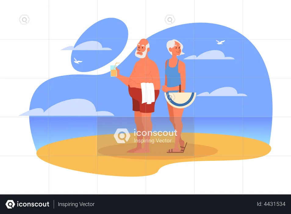 Casal de idosos se divertindo juntos na praia  Ilustração