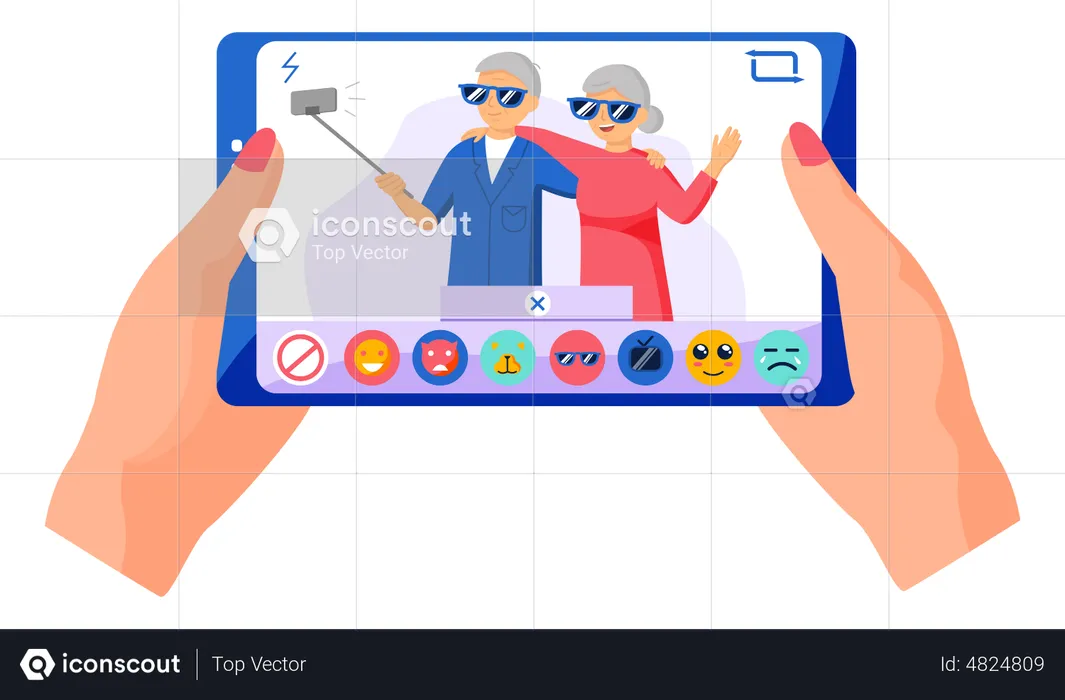 Casal de idosos tirando selfie usando efeito de mídia social  Ilustração