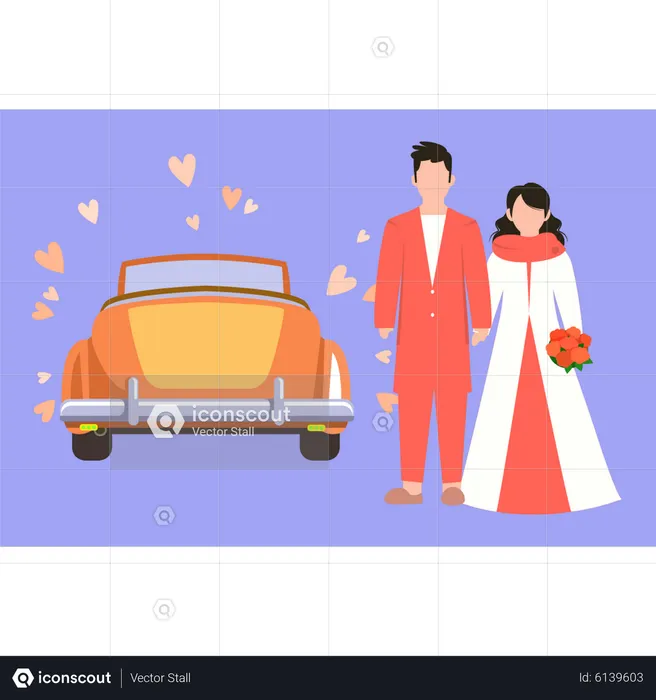 Casal de noivos ao lado do carro do casamento  Ilustração