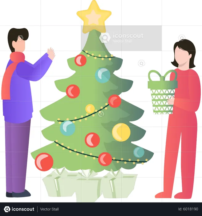 Casal decorando árvore de natal  Ilustração