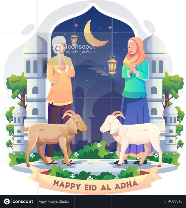 Casal dizendo feliz eid  Ilustração