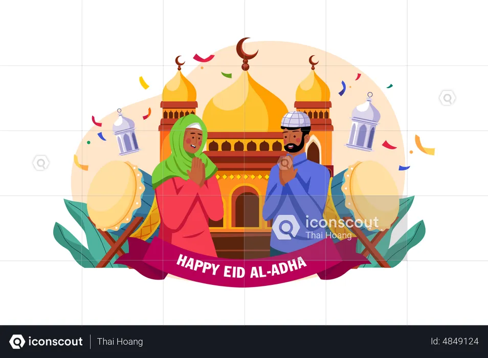 Casal dizendo feliz eid  Ilustração