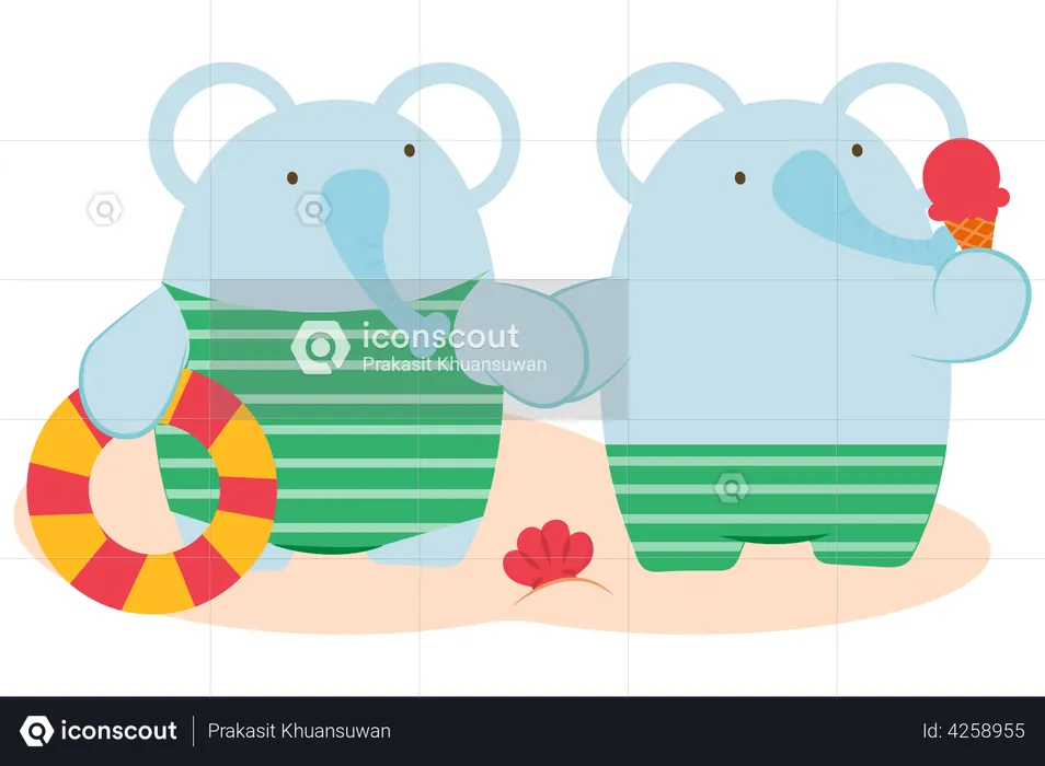 Casal de elefantes relaxa na praia  Ilustração
