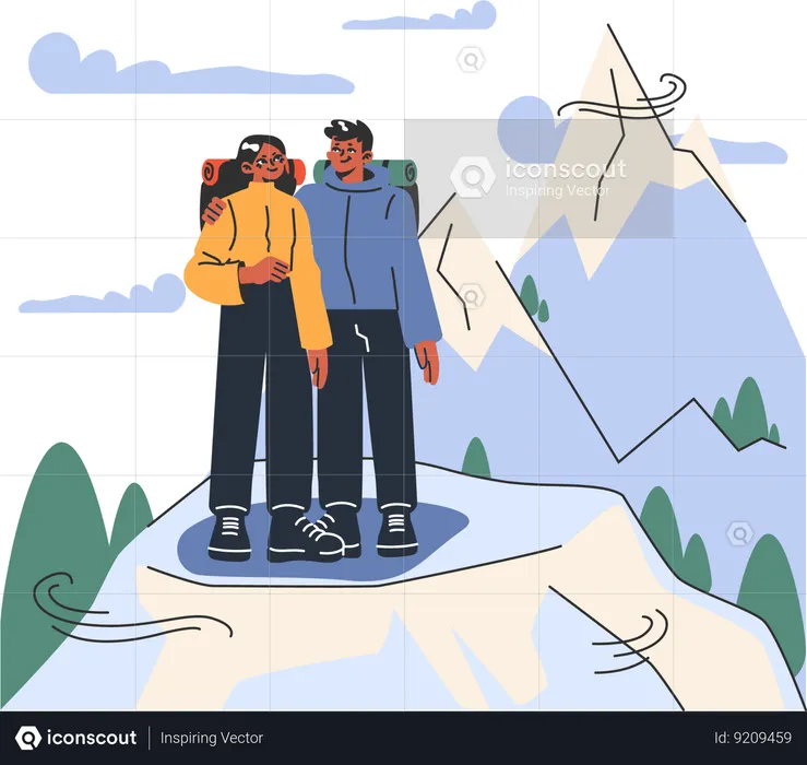 Casal em pé no ponto mais alto da montanha  Ilustração