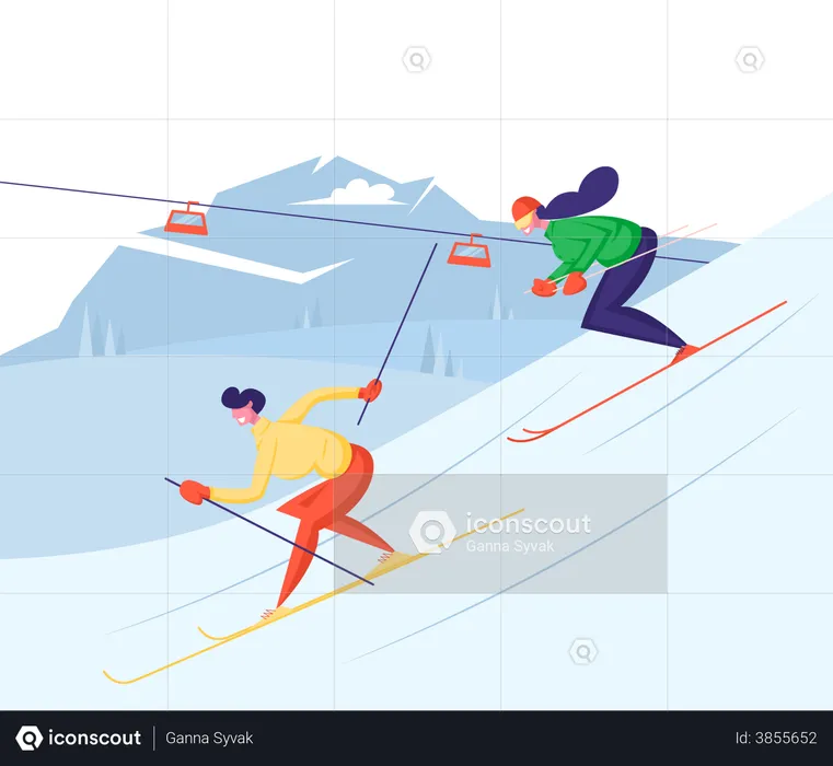 Casal esquiando juntos nas colinas  Ilustração