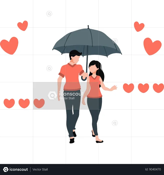 Casal está andando lá fora com guarda-chuva  Ilustração