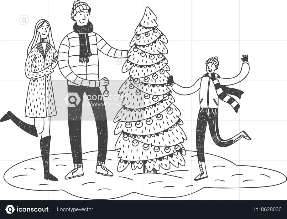 Casal está decorando árvore de Natal  Ilustração