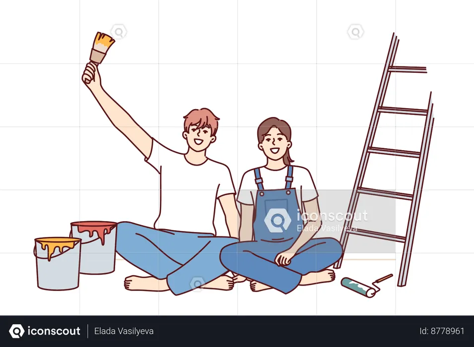 Casal está pintando a parede de sua casa  Ilustração