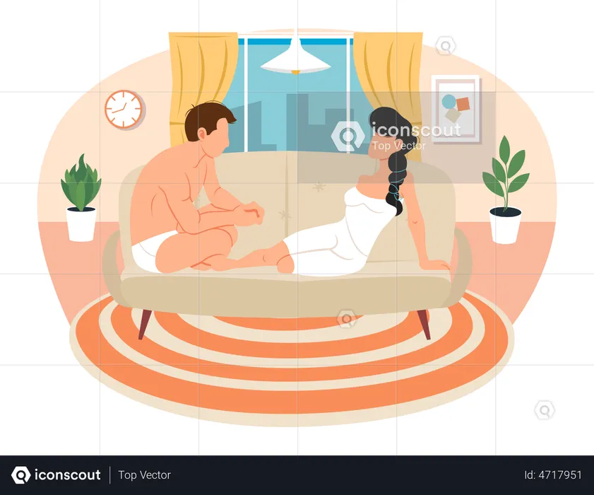 Casal está sentado no sofá e relaxando  Ilustração