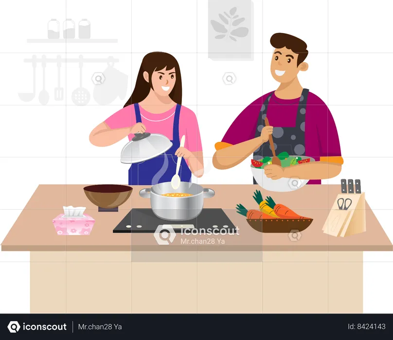 Casal está cozinhando comida juntos  Ilustração