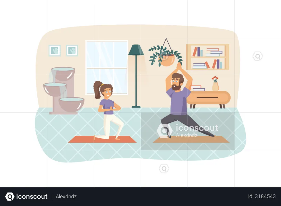 Casal se exercitando e praticando asanas de ioga em casa  Ilustração