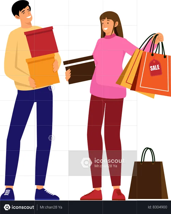 Casal de família feliz com compras  Ilustração