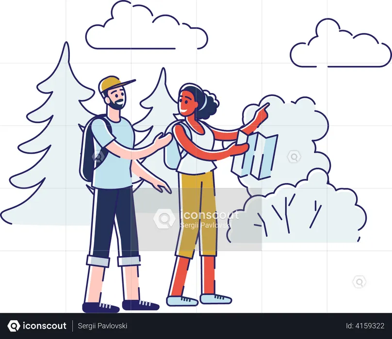 Casal fazendo caminhadas com ajuda de mapa  Ilustração