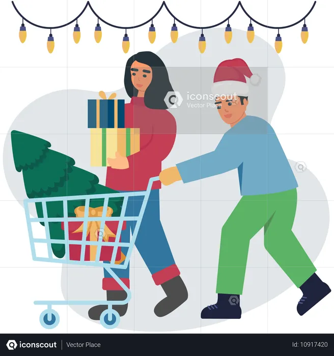 Casal fazendo compras de natal  Ilustração