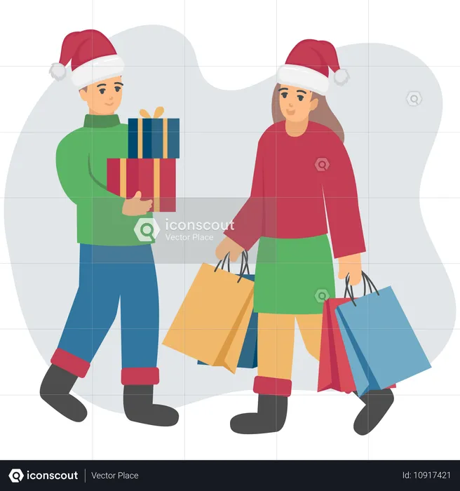 Casal fazendo compras de natal  Ilustração