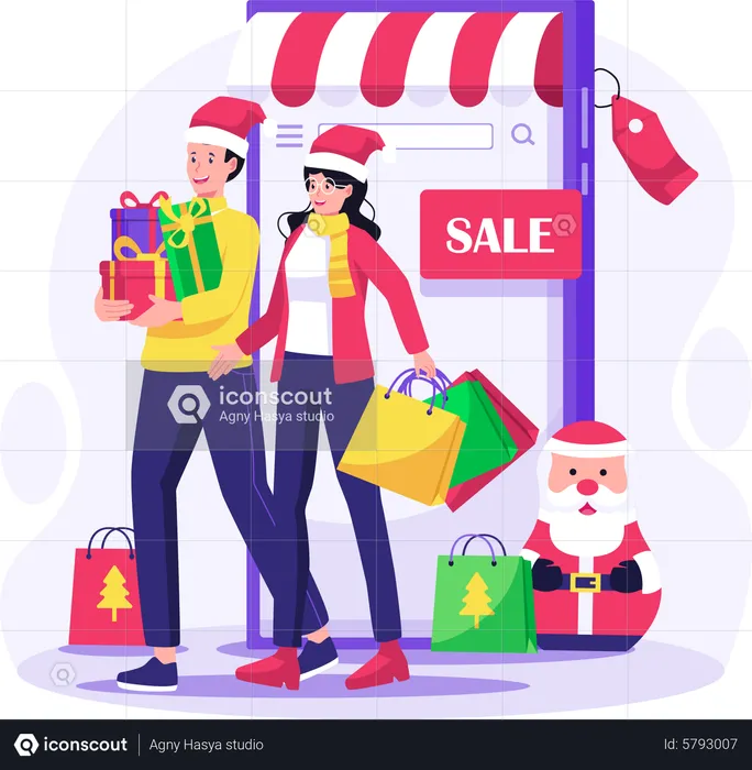 Casal fazendo compras online durante a liquidação de Natal  Ilustração